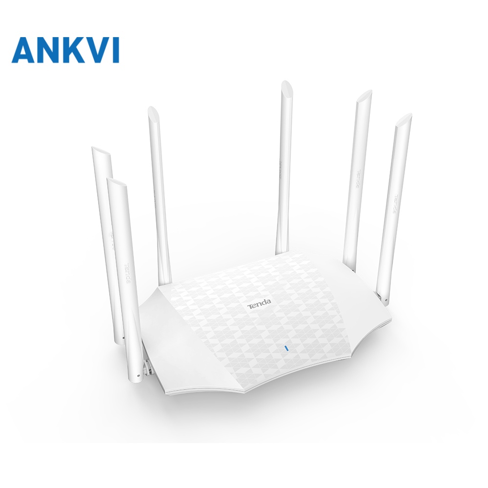 Tenda AC21 white router, high-angle view showing the textured top and six antennas