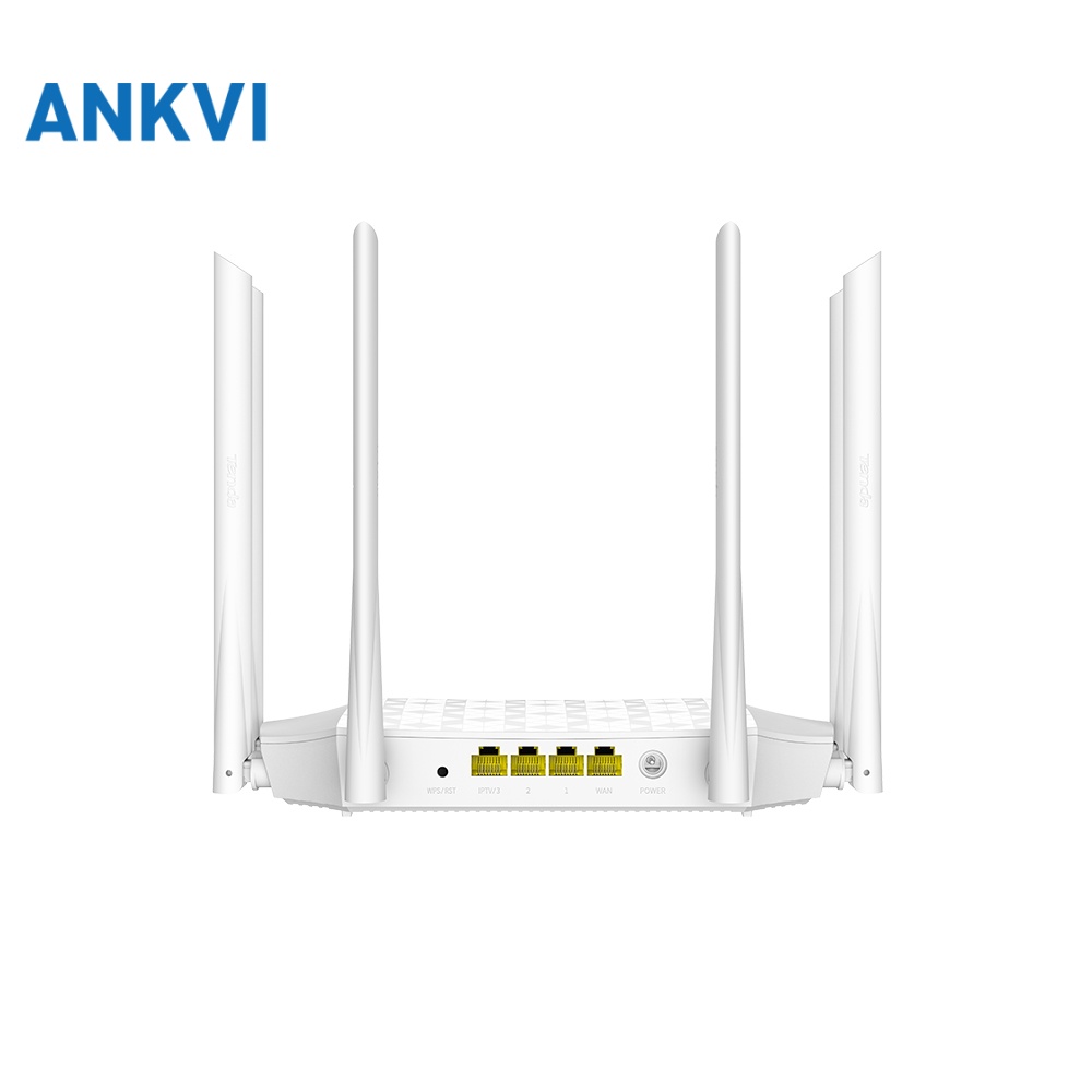 Tenda AC21 white router, rear panel view showing the WAN and gigabit LAN ports
