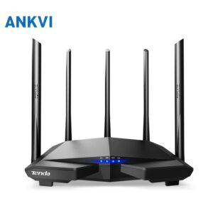 Tenda AC7 black wireless router, three-quarter view with five antennas and a blue LED