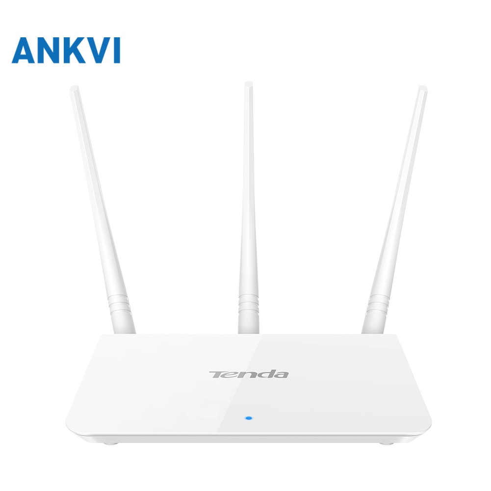 Tenda F3 wireless router, three-quarter view with three white external antennas
