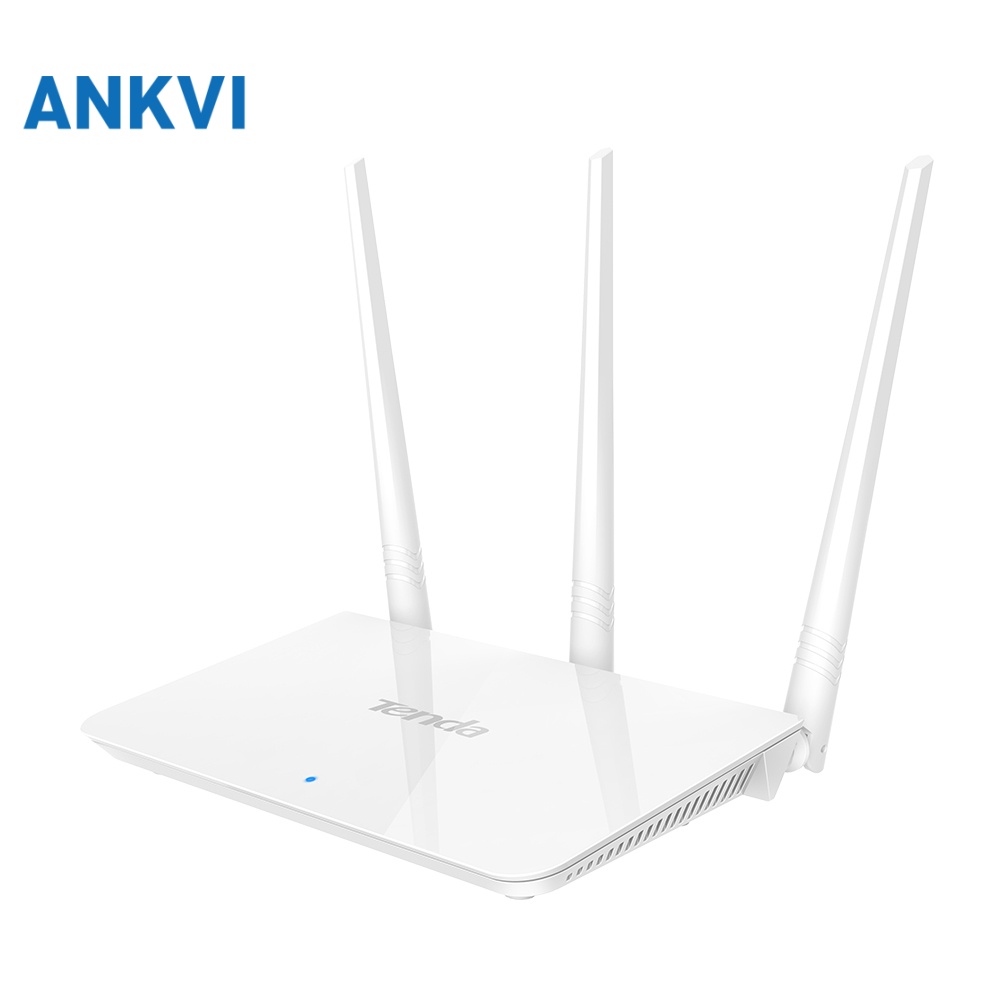 Tenda F3 wireless router, angled top view of the flat white body and three antennas