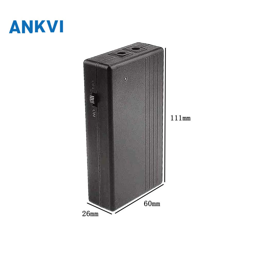 UPS1201A-14.8 mini DC UPS product photo with case dimensions and ANKVI branding