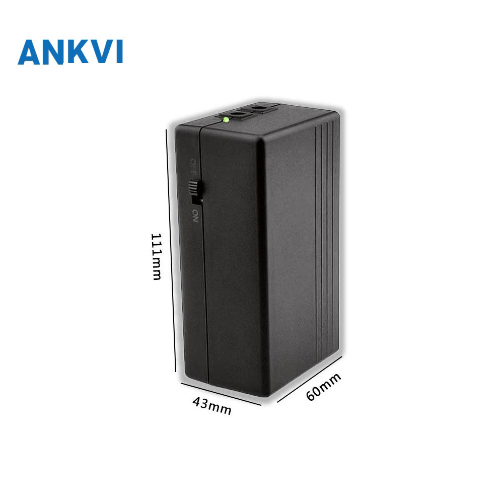 UPS1202B-44.4~57.72 mini DC UPS product photo with case dimensions and ANKVI branding