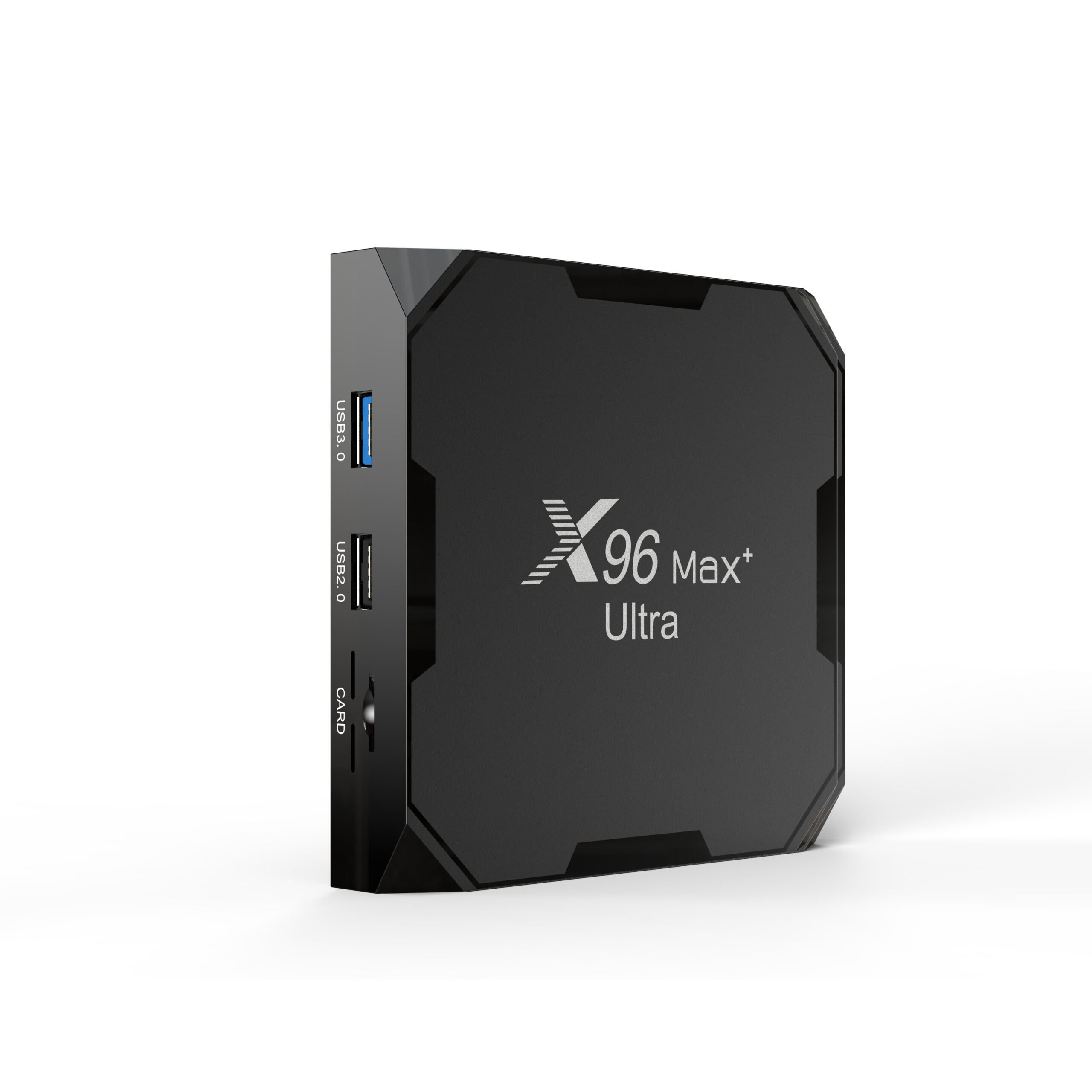 X96 Max+Ultra TV box, front view with logo