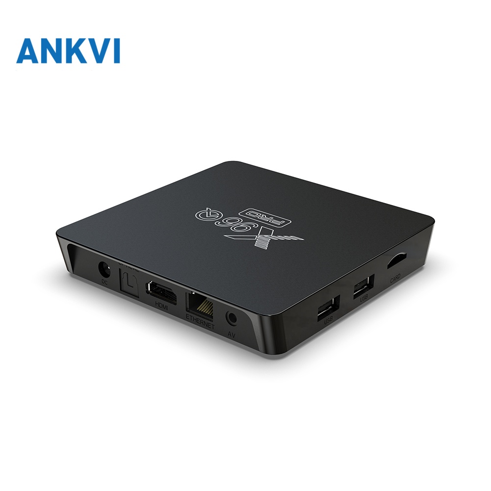X96Q PRO 4K Android TV box, three-quarter view showing the front and side ports