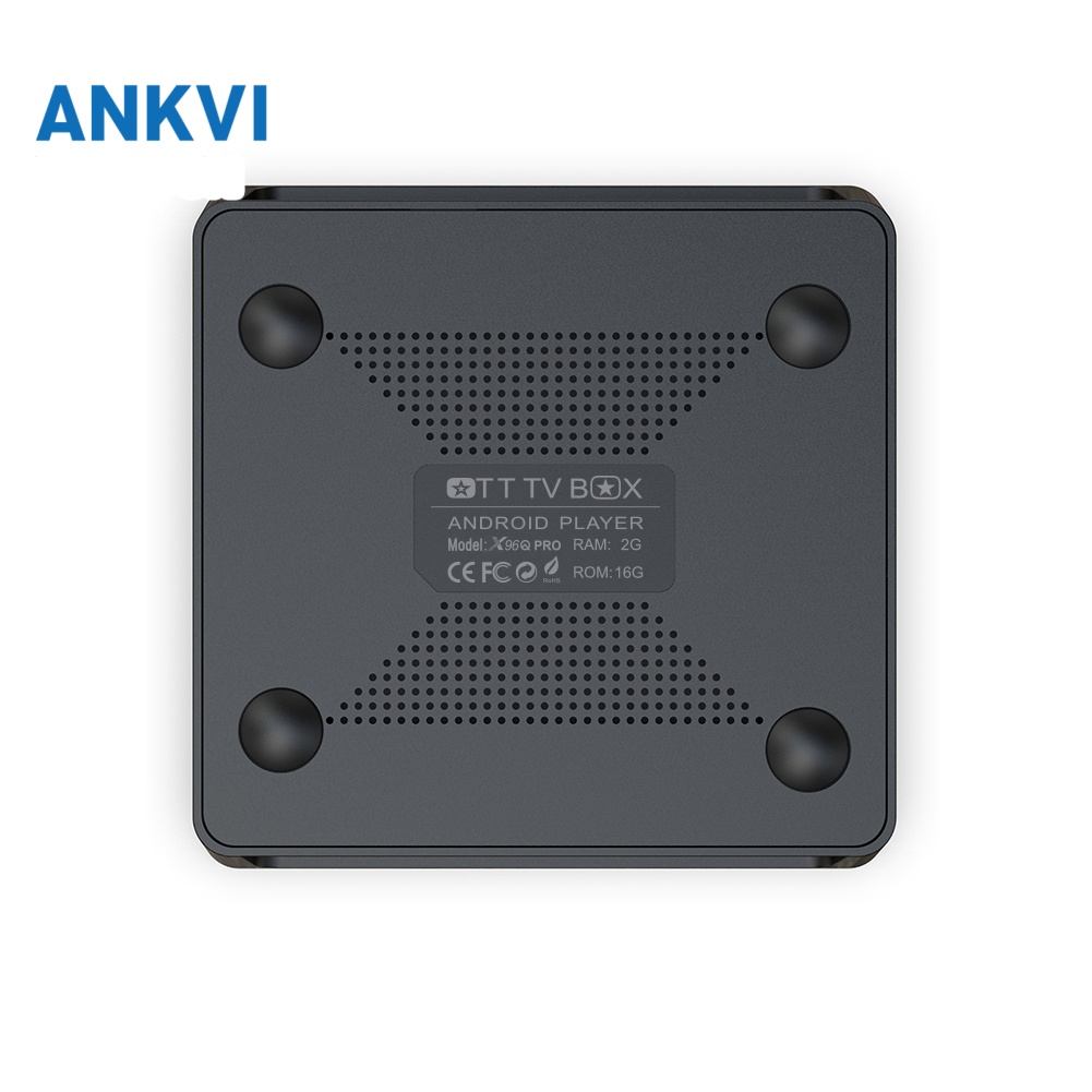 X96Q PRO TV box, underside view showing the vent grille and feet