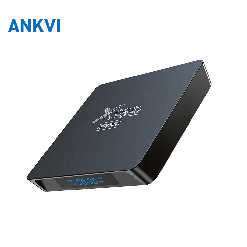 X96Q PRO TV box, low angle view with the front clock display lit