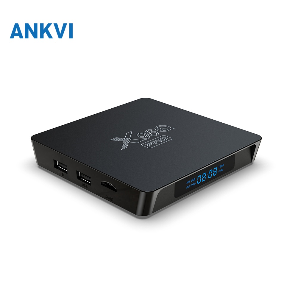 X96Q PRO TV box, three-quarter view with the front display and ports