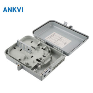 FQX.003 fiber optic distribution box, open, showing the splice tray and closure cover
