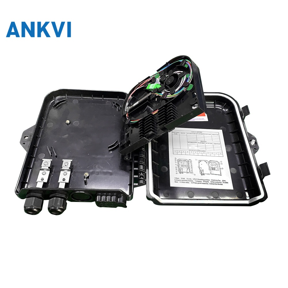 FQX.007 fiber optic distribution box, open, black, showing a coiled cable and the splice tray