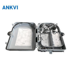 FQX.009 fiber optic distribution box open, showing the splice tray, adapter plate and printed label inside the lid