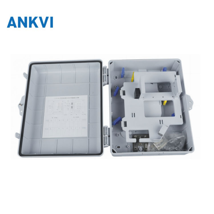 FQX.011 fiber optic distribution box open, showing the splice tray, adapter mounts and label inside the lid