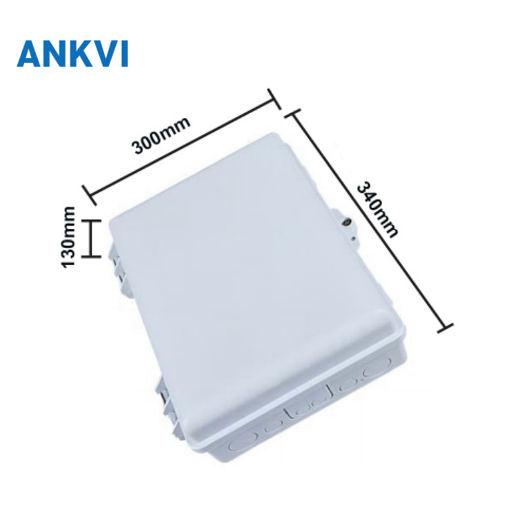 FQX.011 fiber optic distribution box closed, angled view with dimension drawing