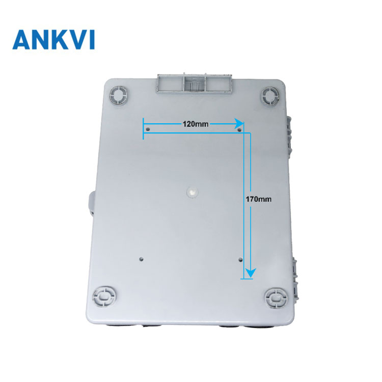 FQX.011 fiber optic distribution box rear view showing the wall-mounting holes with dimension drawing