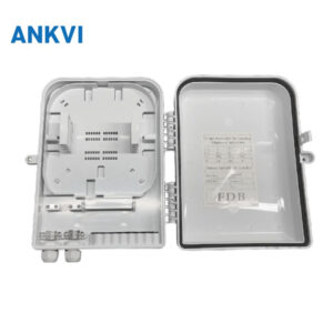 FQX.012 fiber access termination box open, showing the splice tray and FDB marking inside the lid