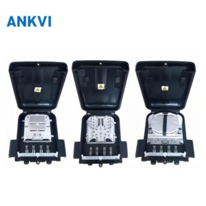 FQX.025 three open distribution boxes side by side showing splice trays and adapter slots