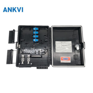 FQX.038 fiber optic distribution box 8 ports, open showing the adapter panel and splice tray