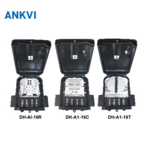 FQX.045 fiber optic distribution box 16 ports, three open versions DH-AI-16R, DH-A1-16C and DH-A1-16T with splice trays