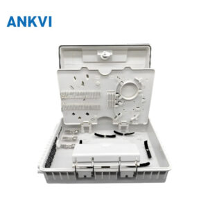 FQX.047 fiber optic distribution box, open, showing the internal splice tray and adapter mounts