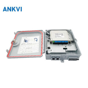 FQX.048 open box showing the red lid sealing gasket and the splice tray with a blue adapter