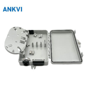 FQX.049 open fiber distribution box showing the lid-mounted tray and cable entry fixtures