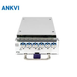 PTM Card, front view of the time synchronisation card with a row of LC adapters and lever