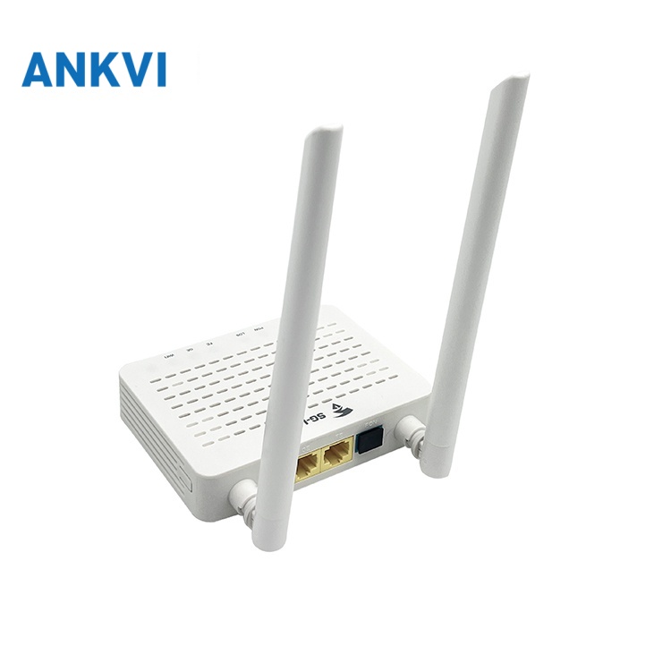 SG6040 GPON/EPON ONU — three-quarter from the left, gold ports and connector on the near face
