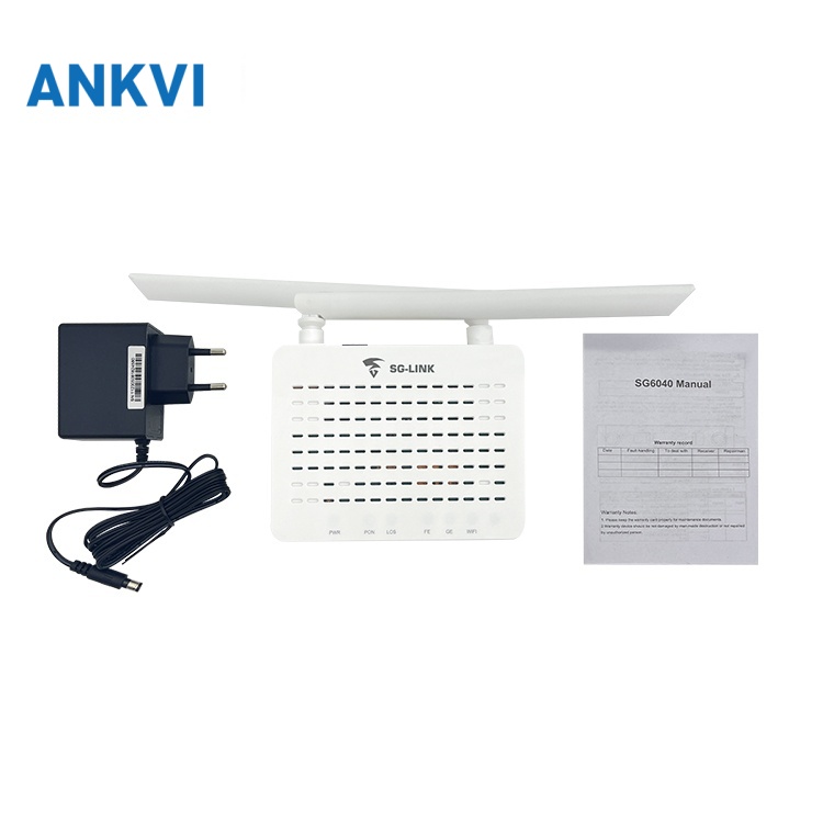 SG6040 GPON/EPON ONU — retail contents: mains adapter, ONU with antennas folded back, manual