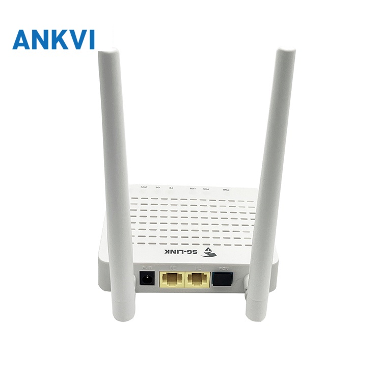 SG6040 GPON/EPON ONU — rear panel head-on showing the power jack, LAN ports and gold RF ports