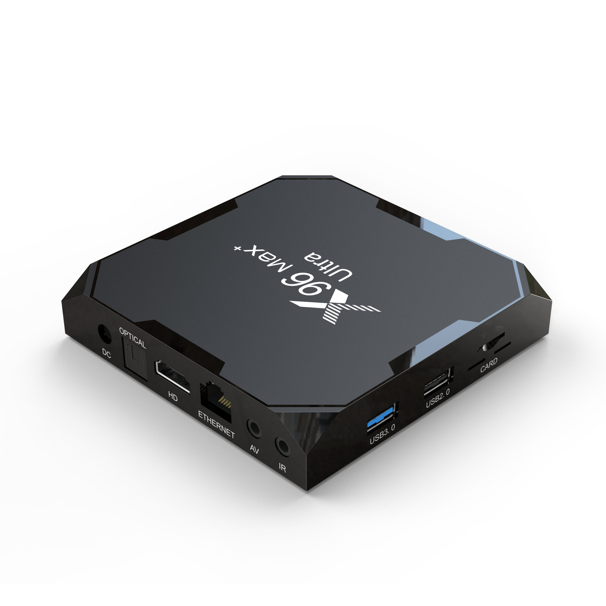 X96 Max+Ultra TV box, three-quarter view with side USB ports
