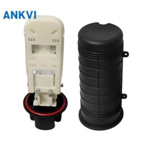 XRT-MS-014 vertical splice closure, open body with the ivory splice tray beside the closed black ribbed dome