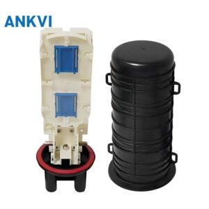 XRT-MS-015 vertical splice closure, open body with the ivory splice tray and blue trays beside the closed dome